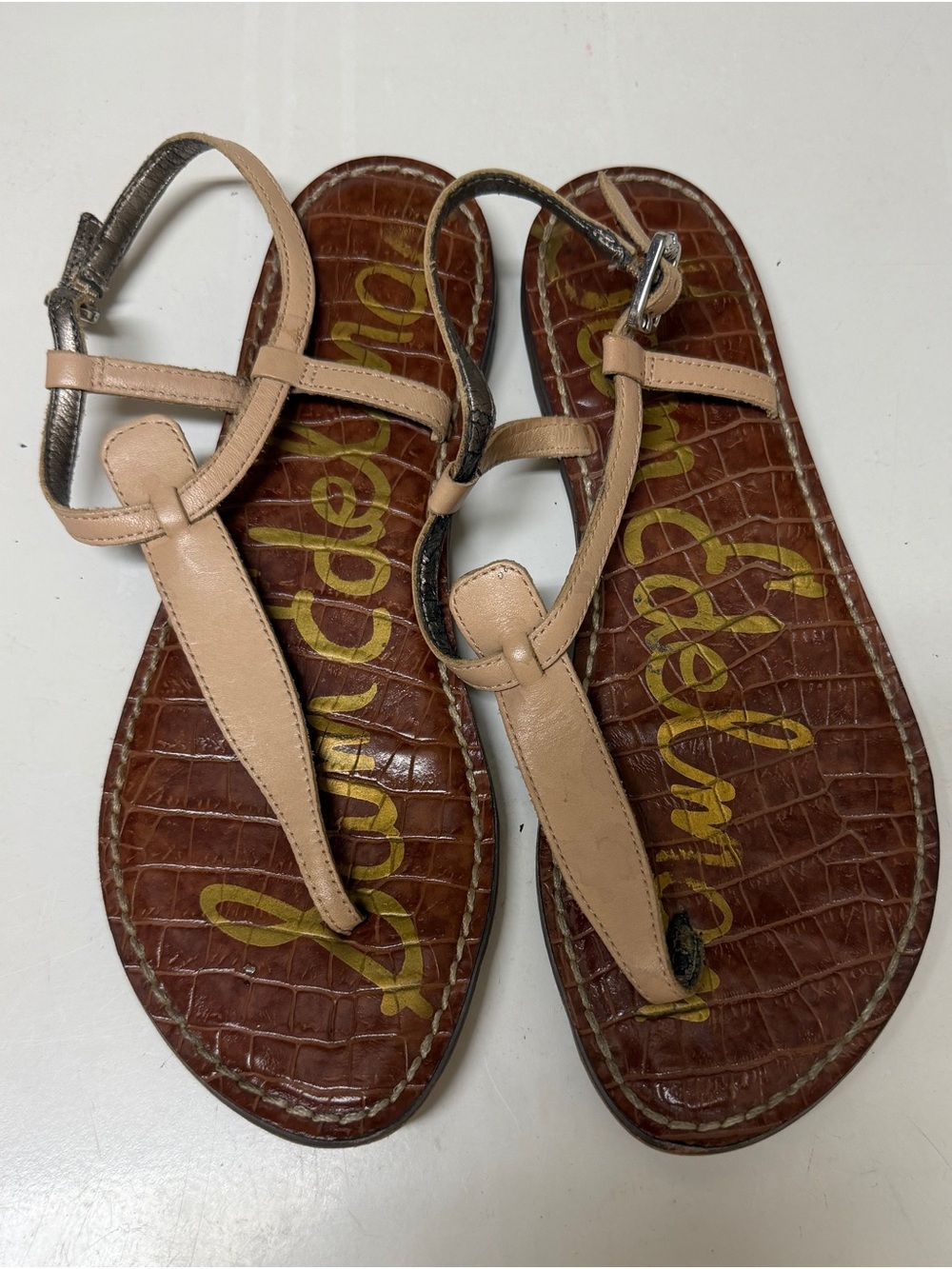 Sam Edelman Gigi Tan Leather T-Strap Sandals with Metallic Accents